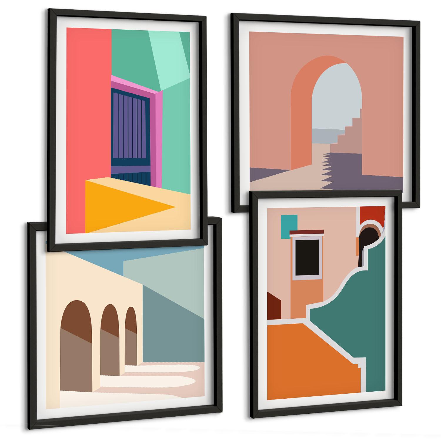 BILDER SET 4er Set - 50x50 cm & 40x60 cm Schwarzer Rahmen - Farbenfrohe Illustrationen der Stadt - Schwarz, Kunststoff (50/50cm) - TULUP