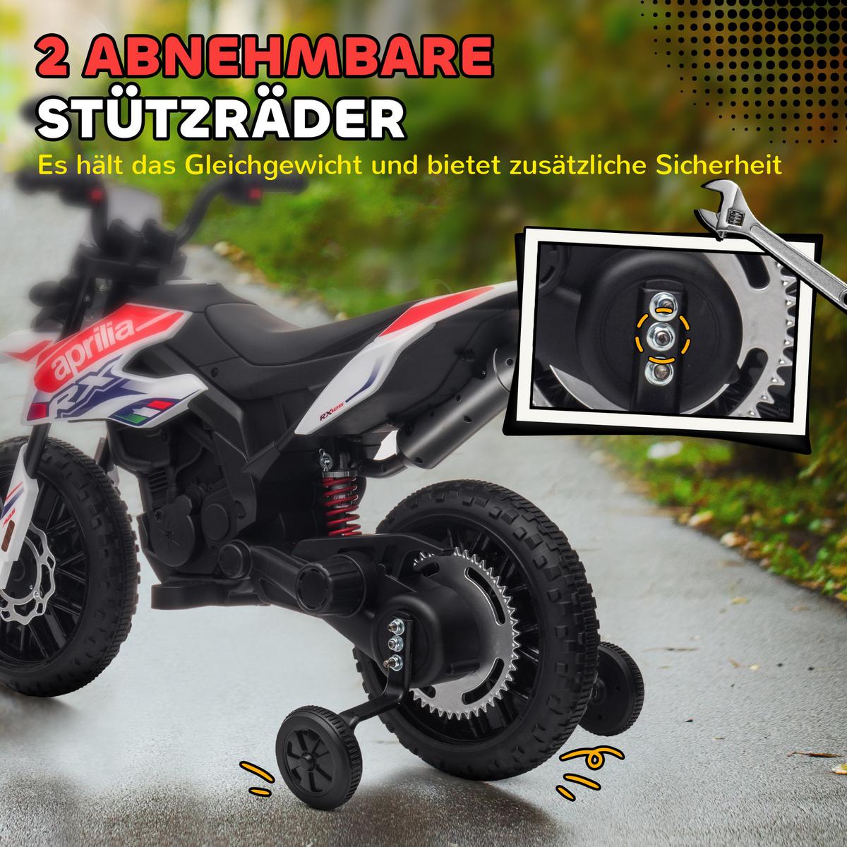 KINDER Elektro-Motorrad, 12V Kindermotorrad mit Musik, 6 km/h Kinderfahrzeug - Weiß, Metall (106.5/56/80cm) - AIYAPLAY