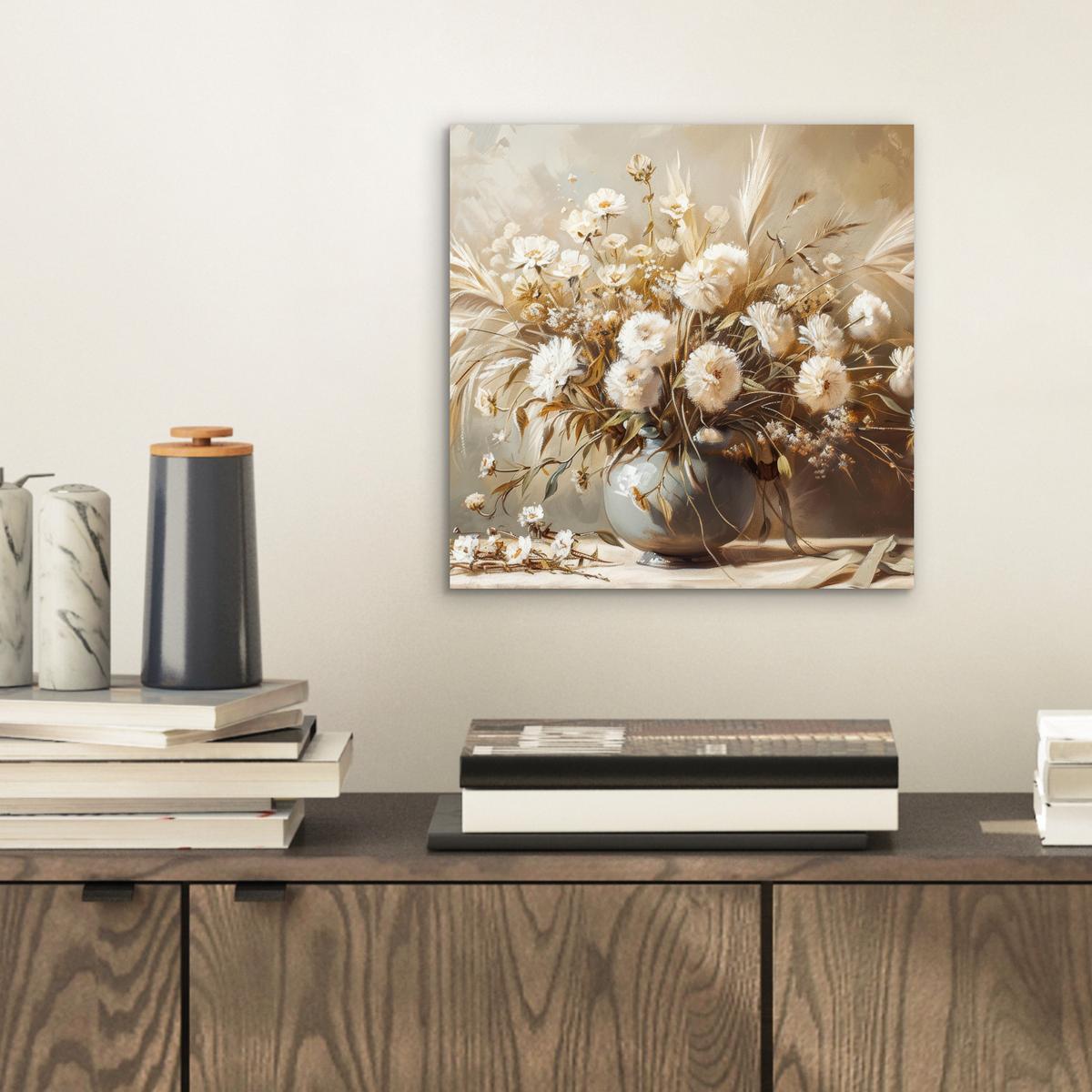 METALLBILD Blumen - Vase - Stilleben - Beige 20x20 cm - Creme, Metall (20/20cm) - MuchoWow