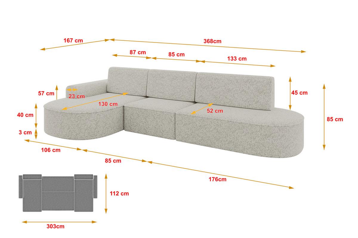 ECKSOFA mit Schlaffunktion Ottomane Links MARI L2-S 368X167X85 Hellgrau Velours - Edelstahlfarben/Schwarz, Holzwerkstoff/Kunststoff (368/167cm) - ALTDECOR