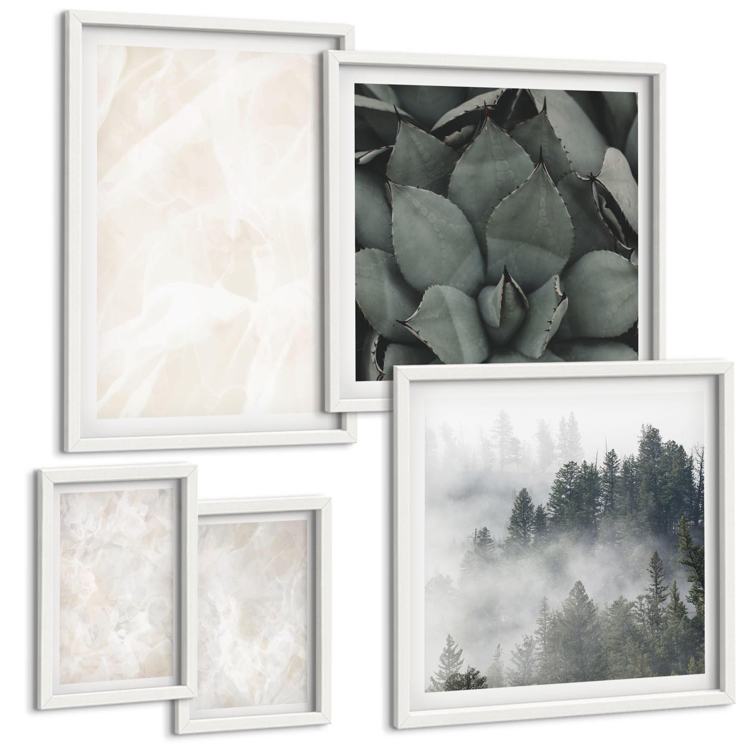 BILDER SET 5er Set - 50x50 cm & 20x30 cm & 40x60 cm Weißer Rahmen - Steinpastellmarmor - Weiß, Kunststoff (40/60cm) - TULUP