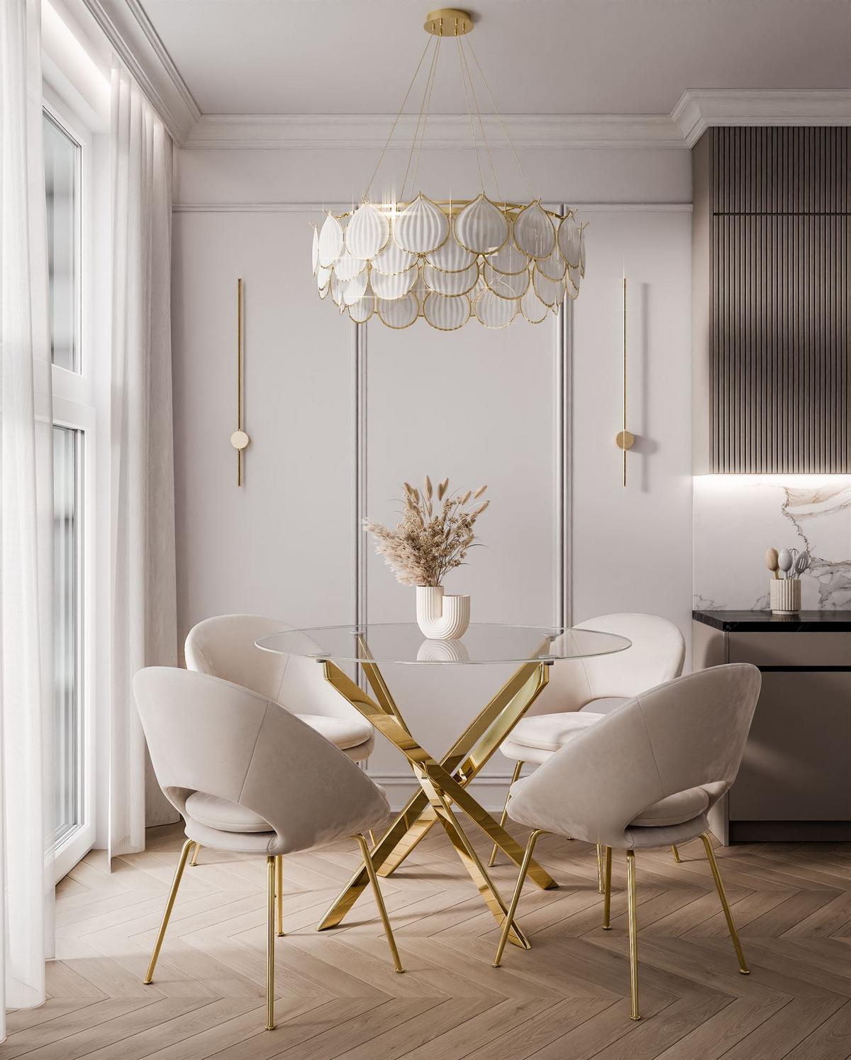 ESSTISCH BEIRA Runder Tisch 90 cm mit Glasplatte und Gold Tischbeine - Chromfarben/Goldfarben, Glas (90/90/72cm) - Lookway