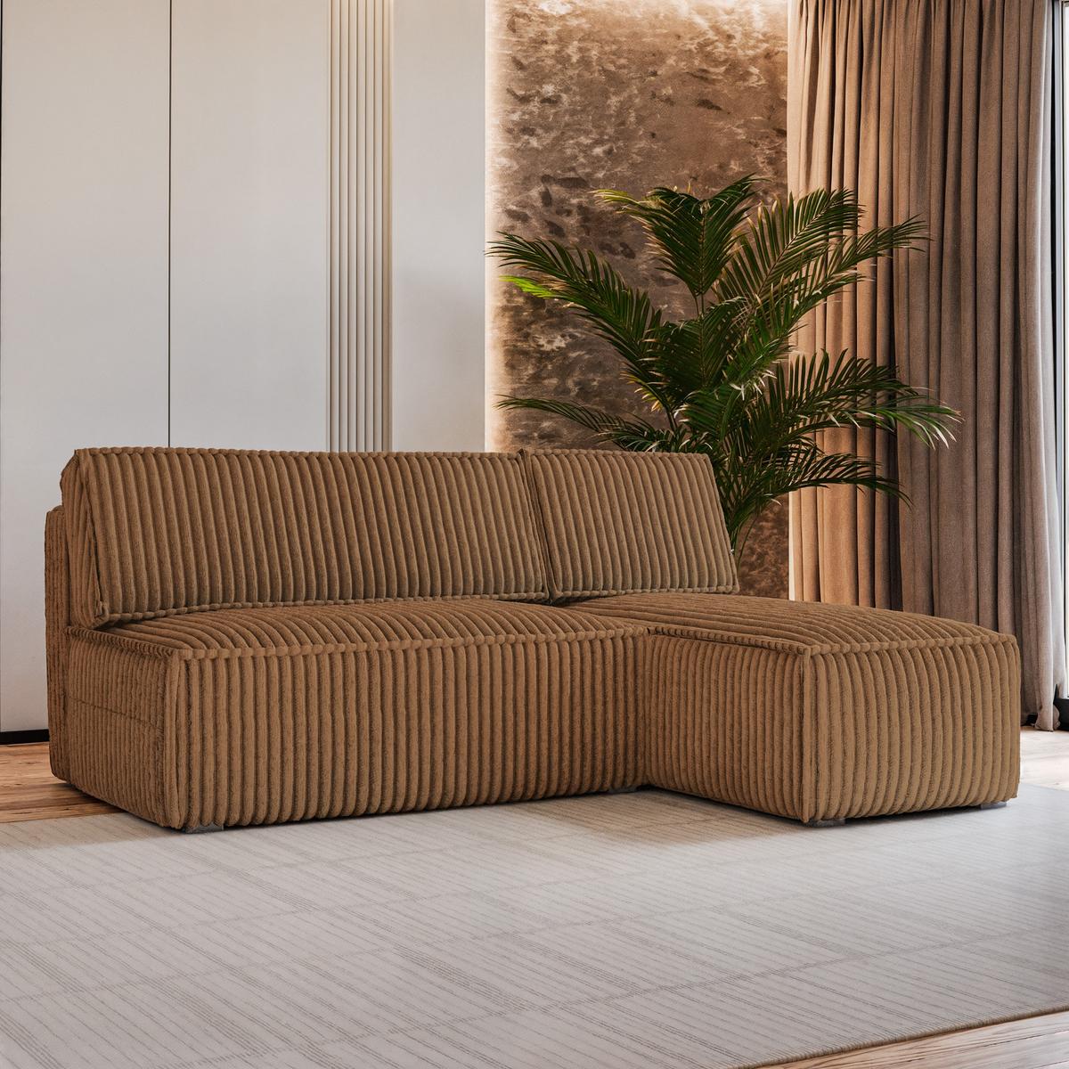 ECKSOFA BRISO T Kupferfarben Kordstoff mit Schlaffunktion - Grau/Kupferfarben, Holz/Kunststoff (200/140cm) - MASSENO