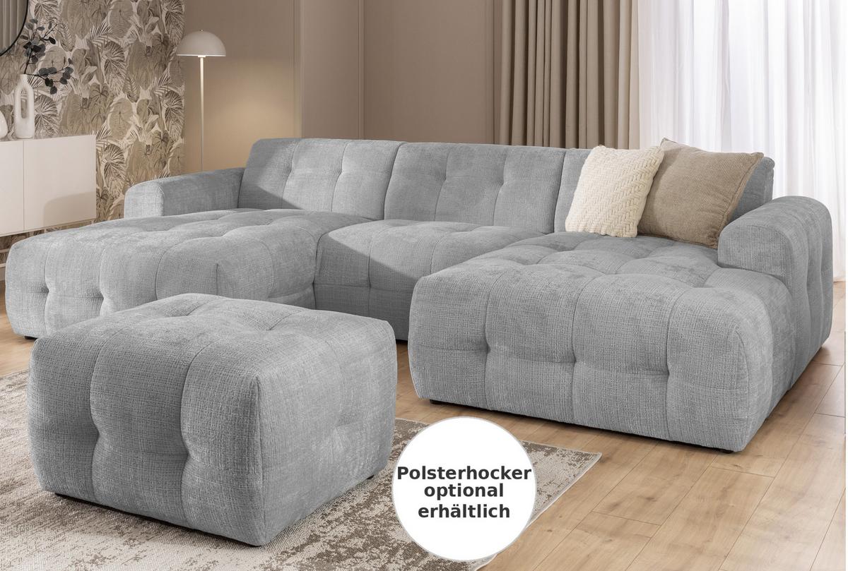 WOHNLANDSCHAFT in U-Form mit raffinierten Steppungen, 6-Sitzer, Wellenunterfederung, B323/T161/H79 cm, Chenille-Bezug in Hellgrau / 21051 - Hellgrau/Schwarz, Kunststoff/Textil (323/79/161cm) - luma-home