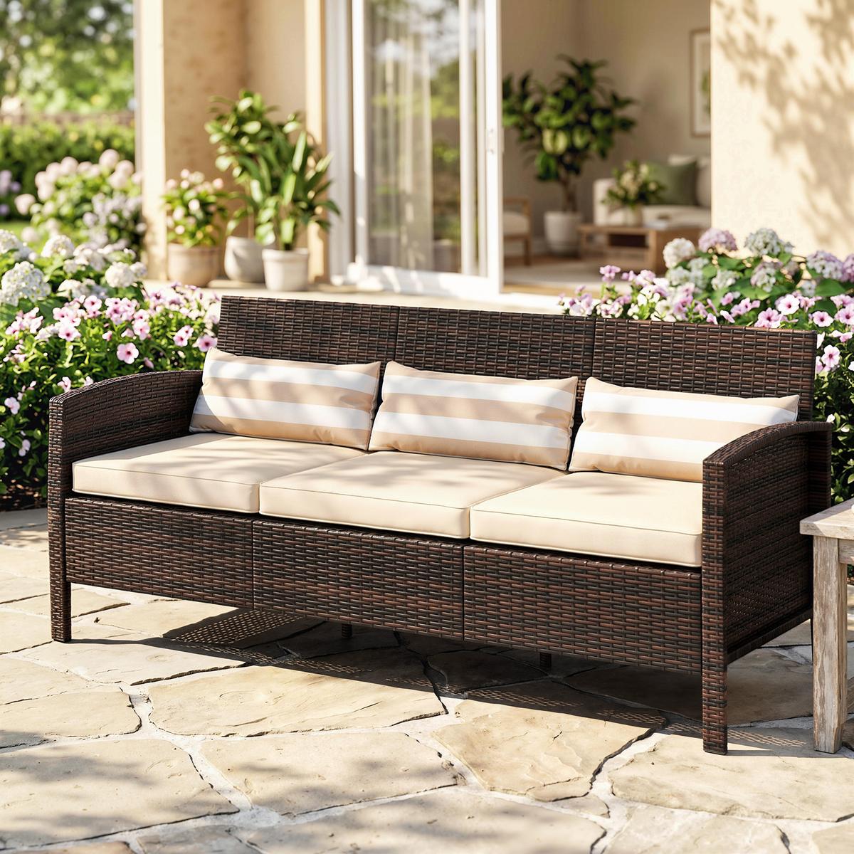 RATTAN Sofa mit Kissen, Dreisitzer, Garten Loungesofa, Stahl, Braun - Braun, Metall (68/78/173cm) - Outsunny