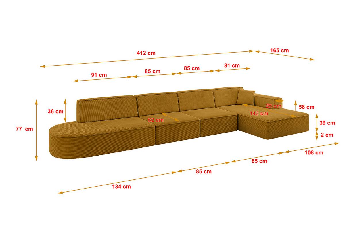 ECKSOFA Ottomane Rechts IREA-L3-v4 - 412x165x77 cm Senfgelb - Grün, Holzwerkstoff/Textil (412/165cm) - ALTDECOR