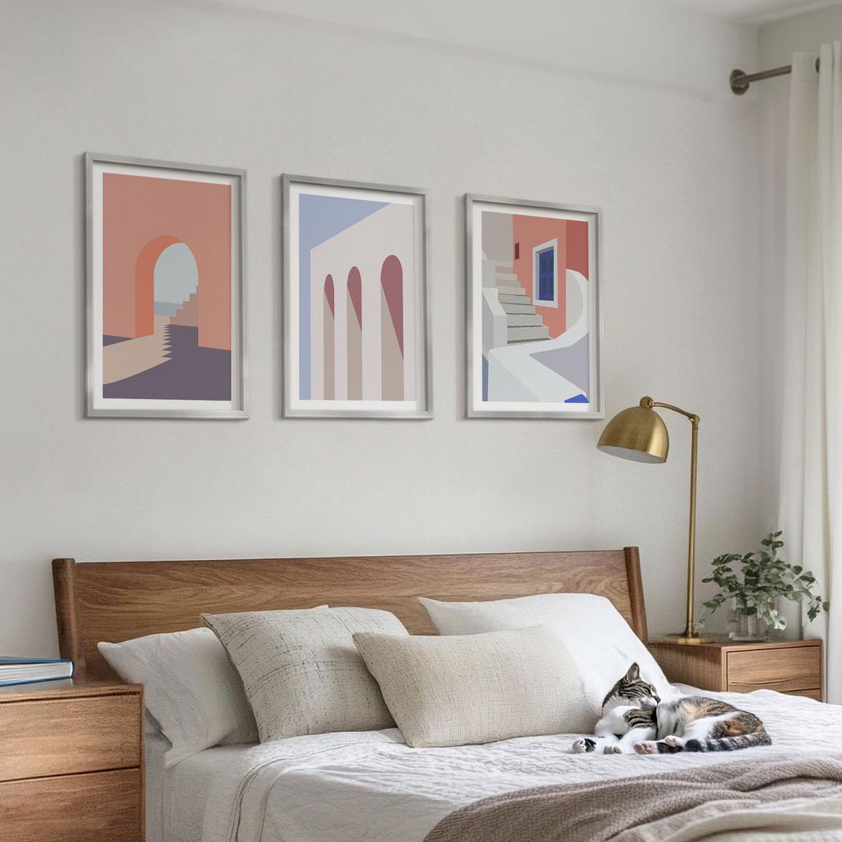 BILDER SET 3er Set - 40x60 cm Silberner Rahmen - Minimalistische Architekturillustrationen - Silberfarben, Kunststoff (40/60cm) - TULUP