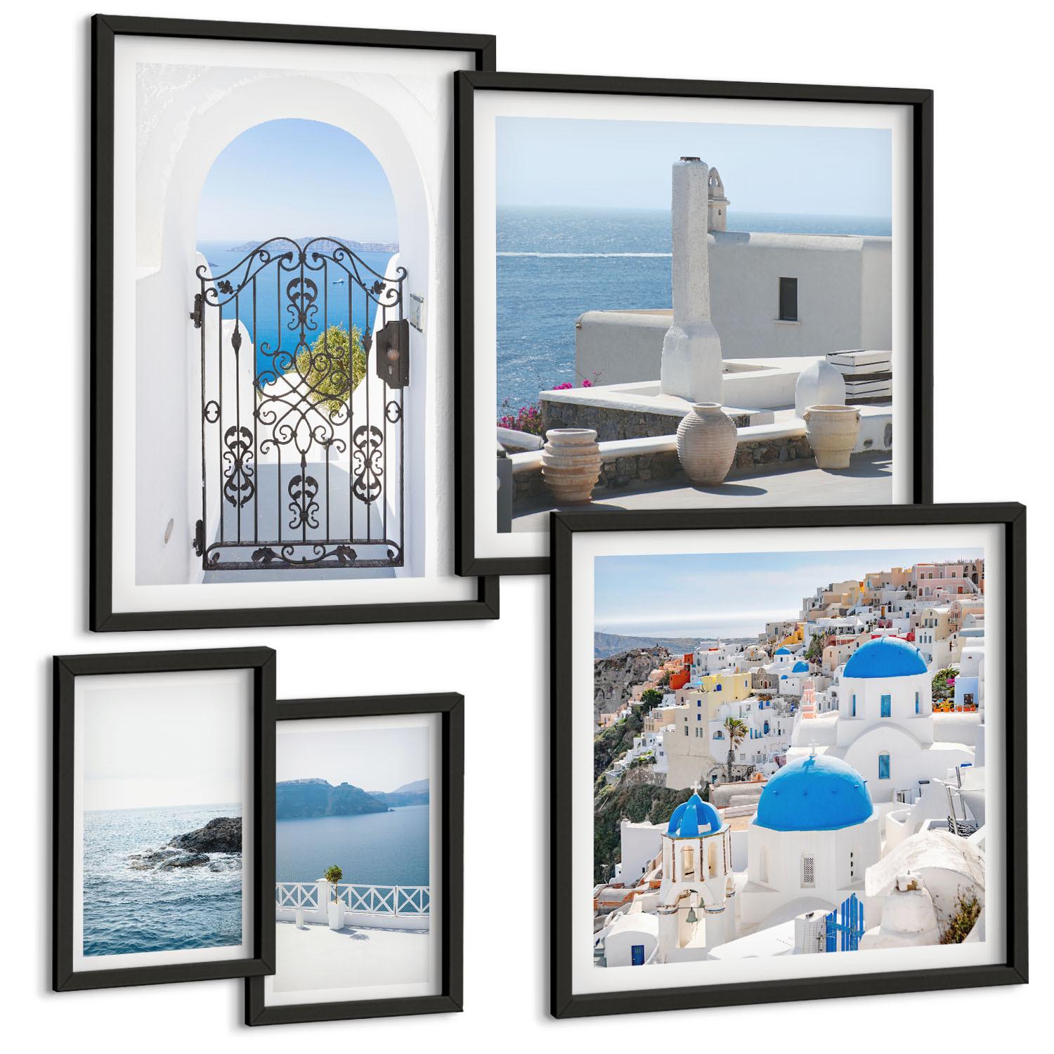 BILDER SET 5er Set - 50x50 cm & 20x30 cm & 40x60 cm Schwarzer Rahmen - Gebäude am Weißen Meer, Griechenland - Schwarz, Kunststoff (40/60cm) - TULUP