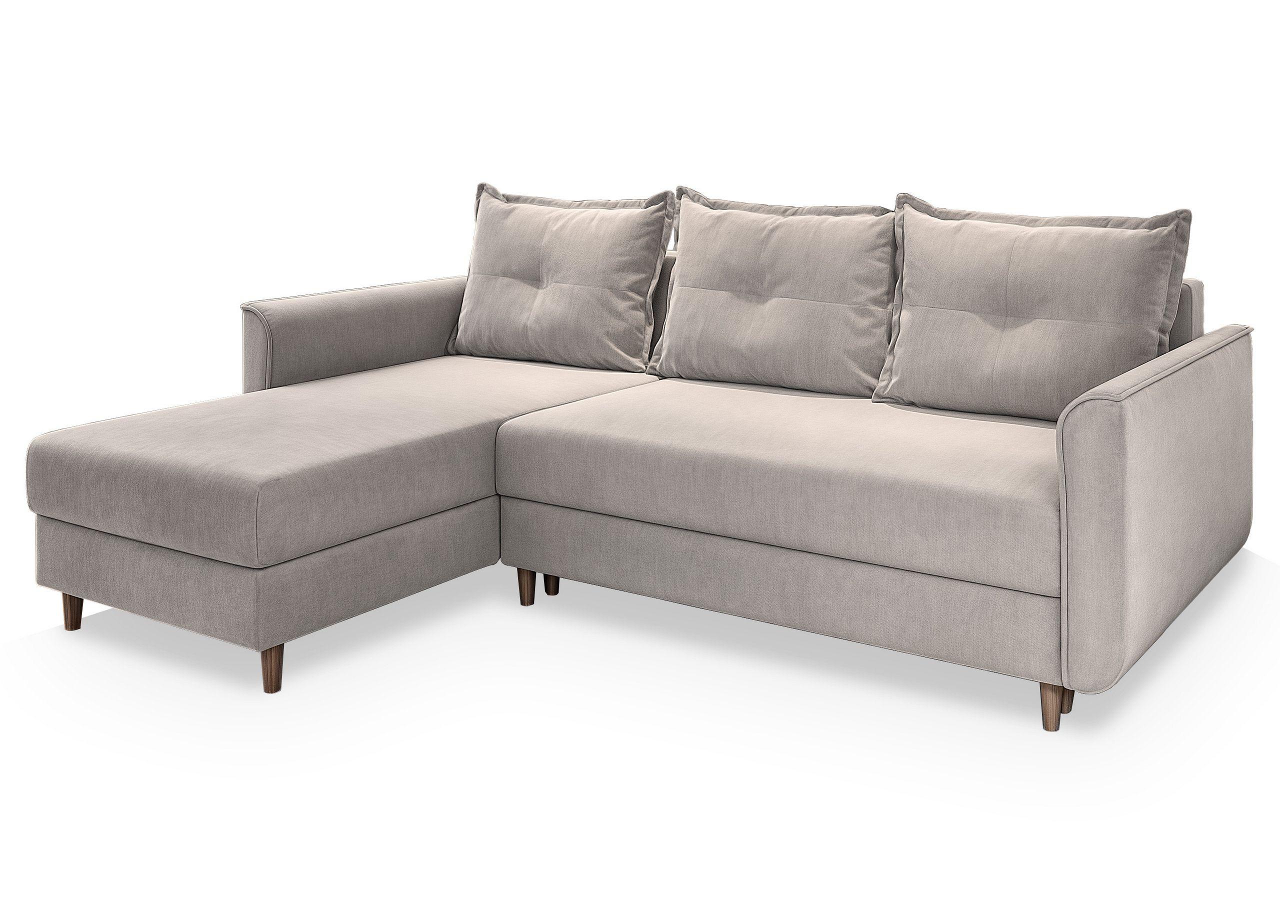 ECKSOFA PISAN R-S Beige Plüsch-Stoff mit Schlaffunktion - Beige/Braun, Holz/Textil (220/140cm) - MASSENO