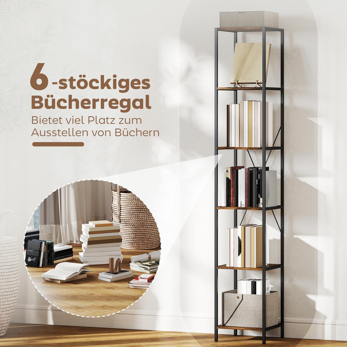 BÜCHERREGAL 2er Set Spanplatte Kohlenstoffstahl Rustikal-Braun - Schwarz/Braun, Holzwerkstoff/Metall (30/174.5/30cm) - HOMCOM