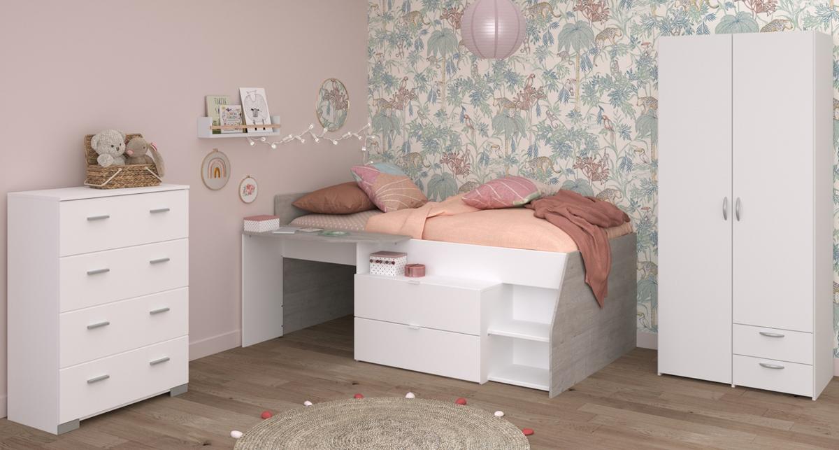 KINDERZIMMER weiß, grau, Komplett-Set mit Stauraumbett, Kommode, Kleiderschrank - Silberfarben/Weiß, Holzwerkstoff/Kunststoff (135/185/203cm) - Parisot Meuble