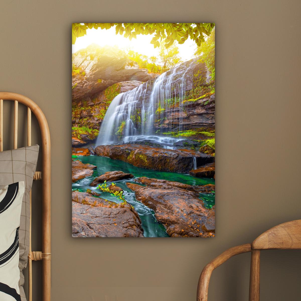 LEINWANDBILD Natur - Wasserfall - Pflanzen - Bäume - Sonne Wanddeko 40x60 cm - Olivgrün, Textil (40/60cm) - MuchoWow