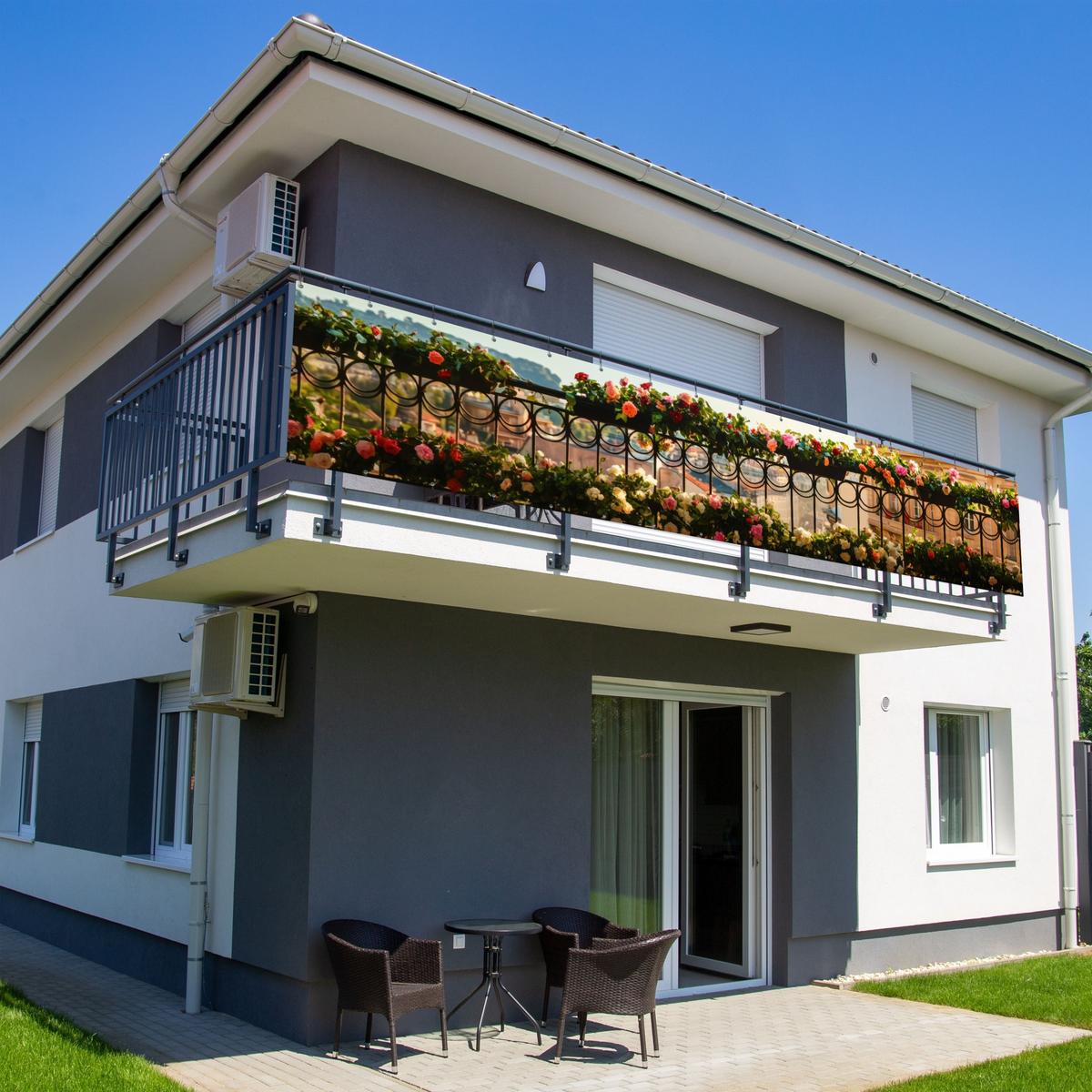 BALKON-SICHTSCHUTZ Blumen - Zaun - Stadtbild - Sommer Groß 500x95 cm - Pink, Kunststoff (500/95cm) - MuchoWow