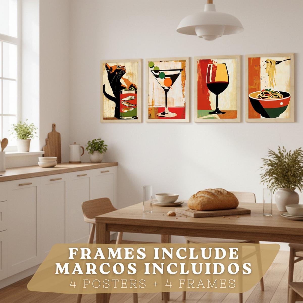 POSTER 4er Set Küchen-Wandbilder Vintage Katze Sardinen Martini Wein und Pasta Retro Esszimmer Bar Deko Leichter Holzrahmen A4 - Beige, Papier (29.7/1/21cm) - Nacnic
