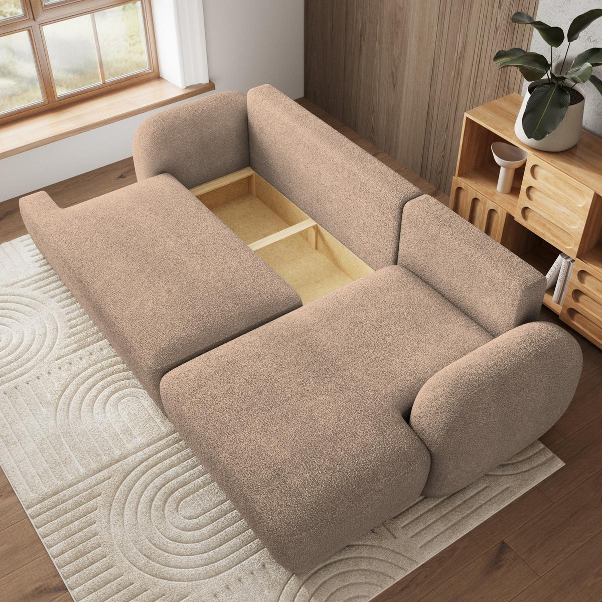 ECKSOFA MODENZA N R-S Beige Boucle-Stoff mit Schlaffunktion - Beige/Schwarz, Holz/Kunststoff (266/148cm) - MASSENO