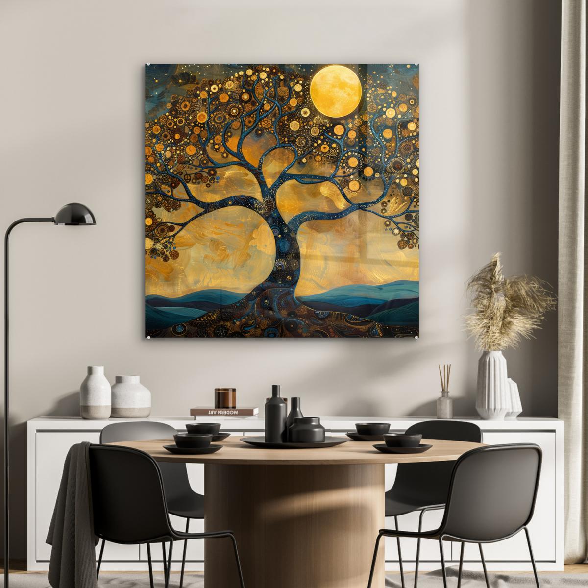 ACRYLGLASBILD Baum - Mond - Blumen - Gold - Kunst 90x90 cm - Orange, Glas (90/90cm) - MuchoWow