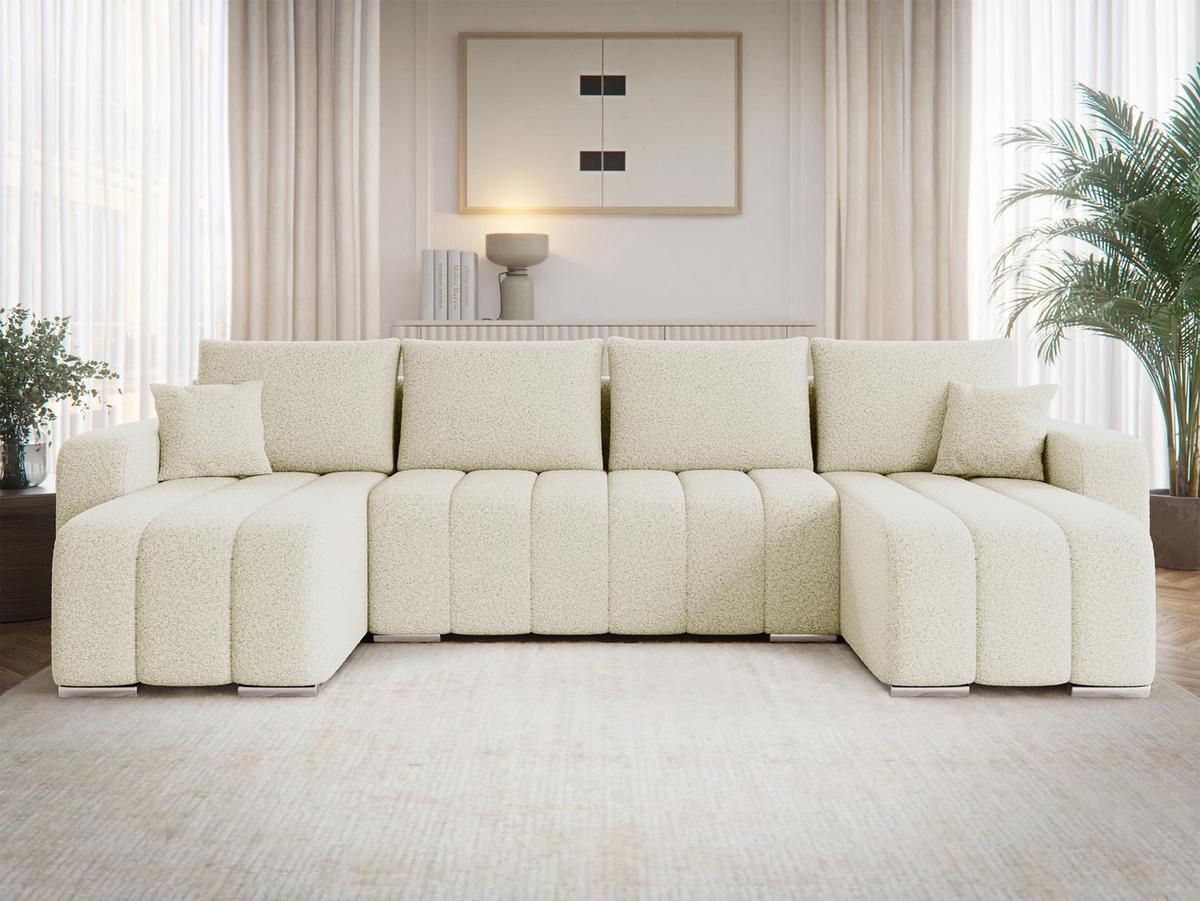 WOHNLANDSCHAFT Pufetto U Boucle - Silberfarben/Creme, Holz/Textil (313/86/147cm) - MIRJAN24