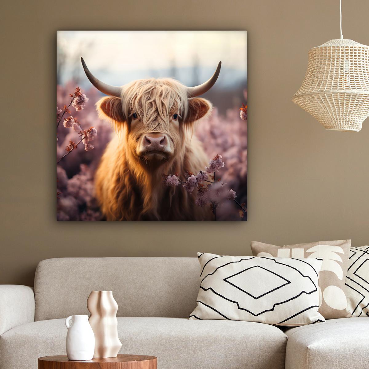 LEINWANDBILD Schottischer Hochländer - Frühling - Hochland Deko Groß 90x90 cm - Hellrosa, Textil (90/90cm) - MuchoWow