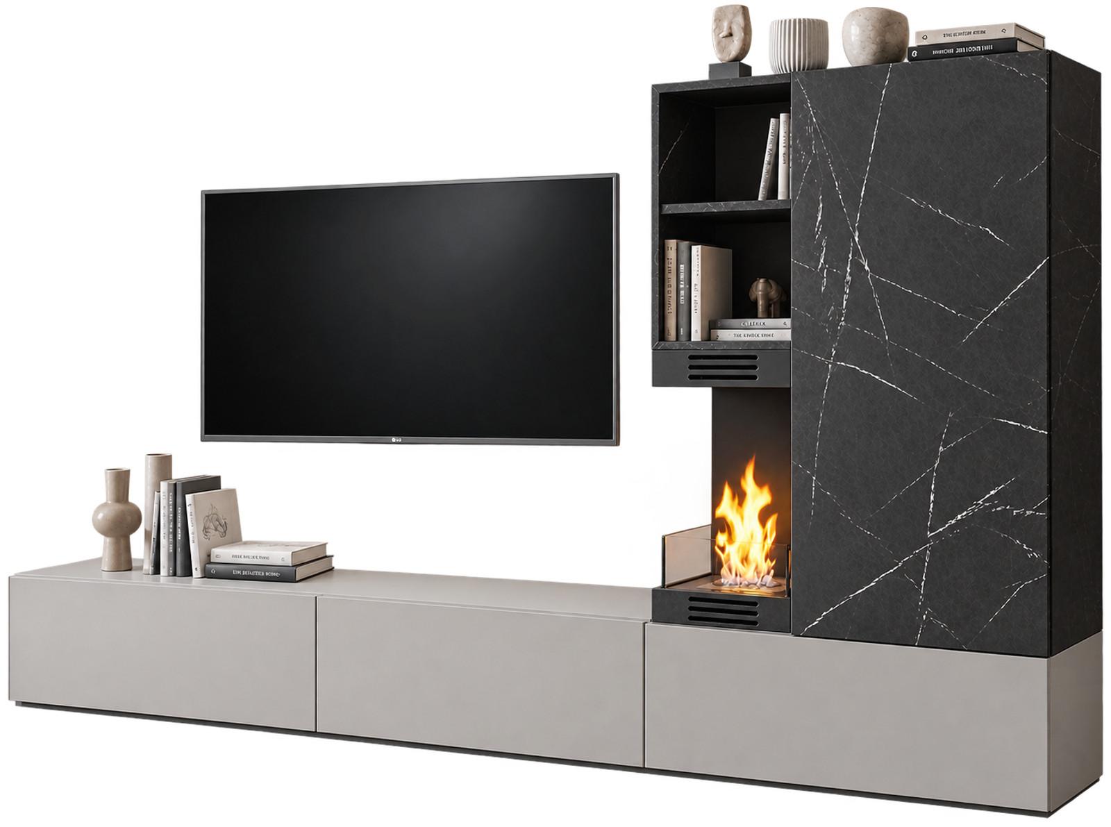 WOHNWAND Marmor schwarz, Lehm-Grau 270 cm, Schrankwand mit Ethanol Kamin, Push-to-Open - Schwarz/Grau, Holzwerkstoff (270/158/38cm) - Inn.Furn