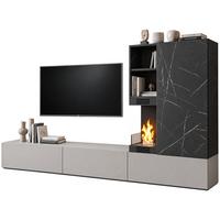 WOHNWAND Marmor schwarz, Lehm-Grau 270 cm, Schrankwand mit Ethanol Kamin, Push-to-Open - Schwarz/Grau, Holzwerkstoff (270/158/38cm) - Inn.Furn