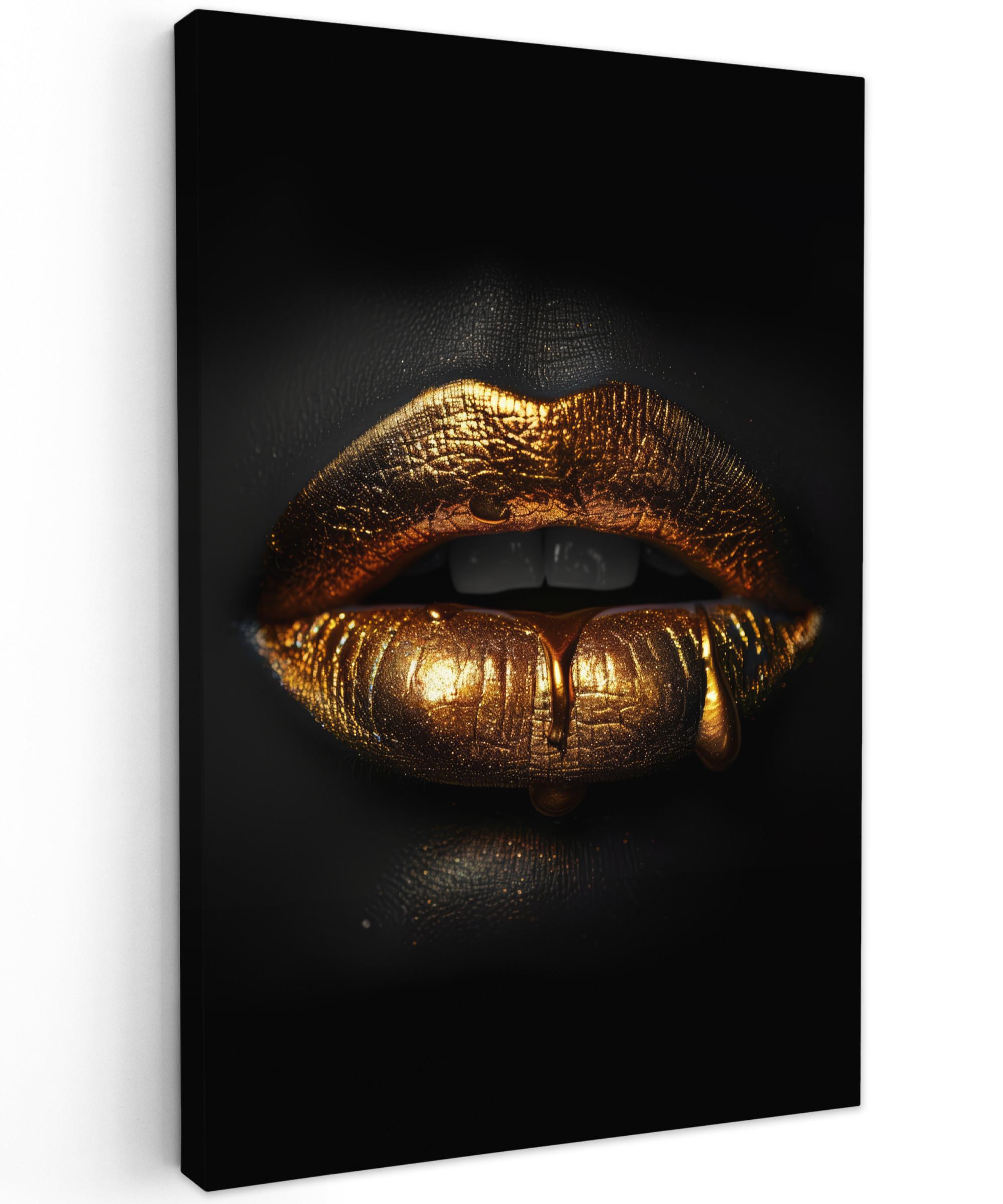 LEINWANDBILD Frau - Porträt - Lippen - Gold - Schwarz Wanddeko 40x60 cm - Schwarz, Textil (40/60cm) - MuchoWow