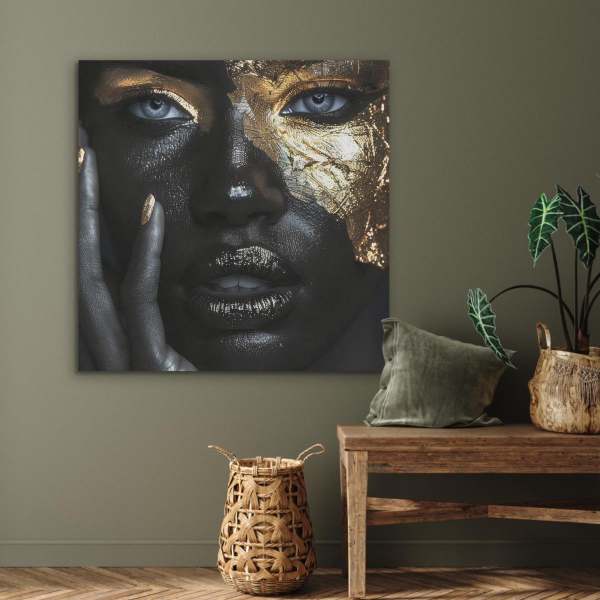 AKUSTIKBILD Frau - Gold - Porträt - Schwarz-Weiß - Luxus Akustikpaneele 90x90 cm - Hellblau, Kunststoff (90/90/0.9cm) - MuchoWow