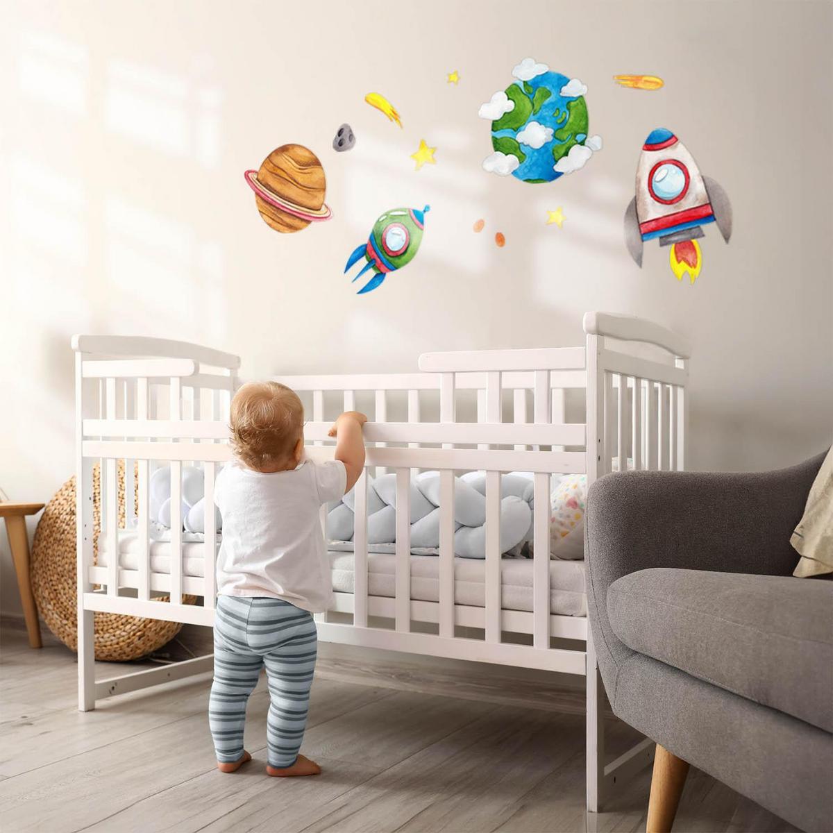 WANDAUFKLEBER 80x135cm - Erde Raketen Sterne - Multicolor, Kunststoff (80/135/0.1cm) - Wallfluent