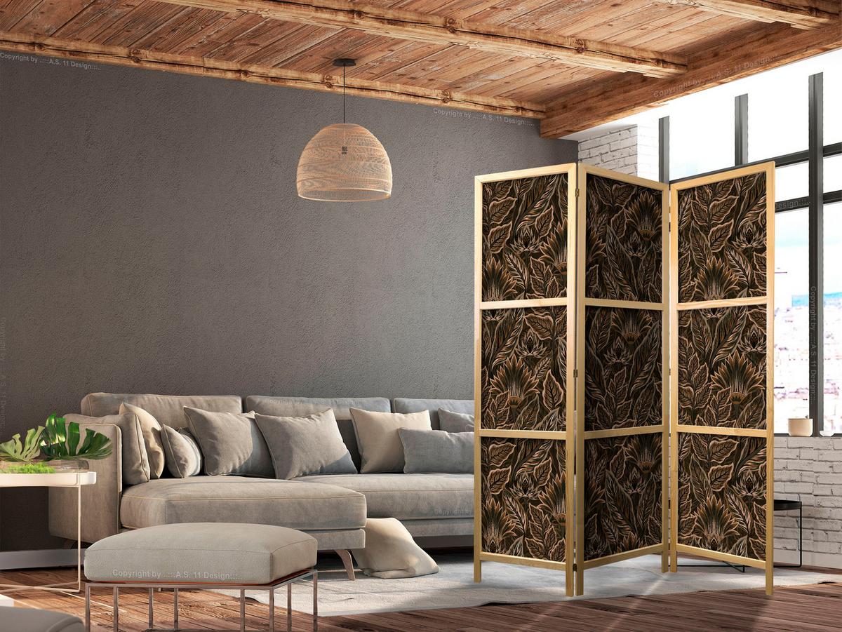 PARAVENT Japanischer 3-tlg 135x172 cm Braune Bl tter - Braun, Holz/Textil (135/172/3cm) - Muralo