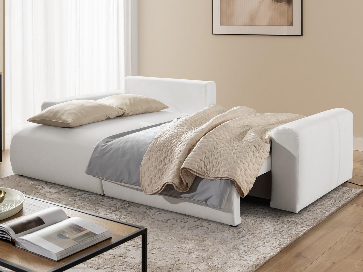 ECKSOFA Calma mit Schlaffunktion und Bettkasten im Bumpy-Design aus weichem Creme Webstoff - Ottomane links - Creme/Schwarz, Holz/Kunststoff (239/140cm) - S-Style