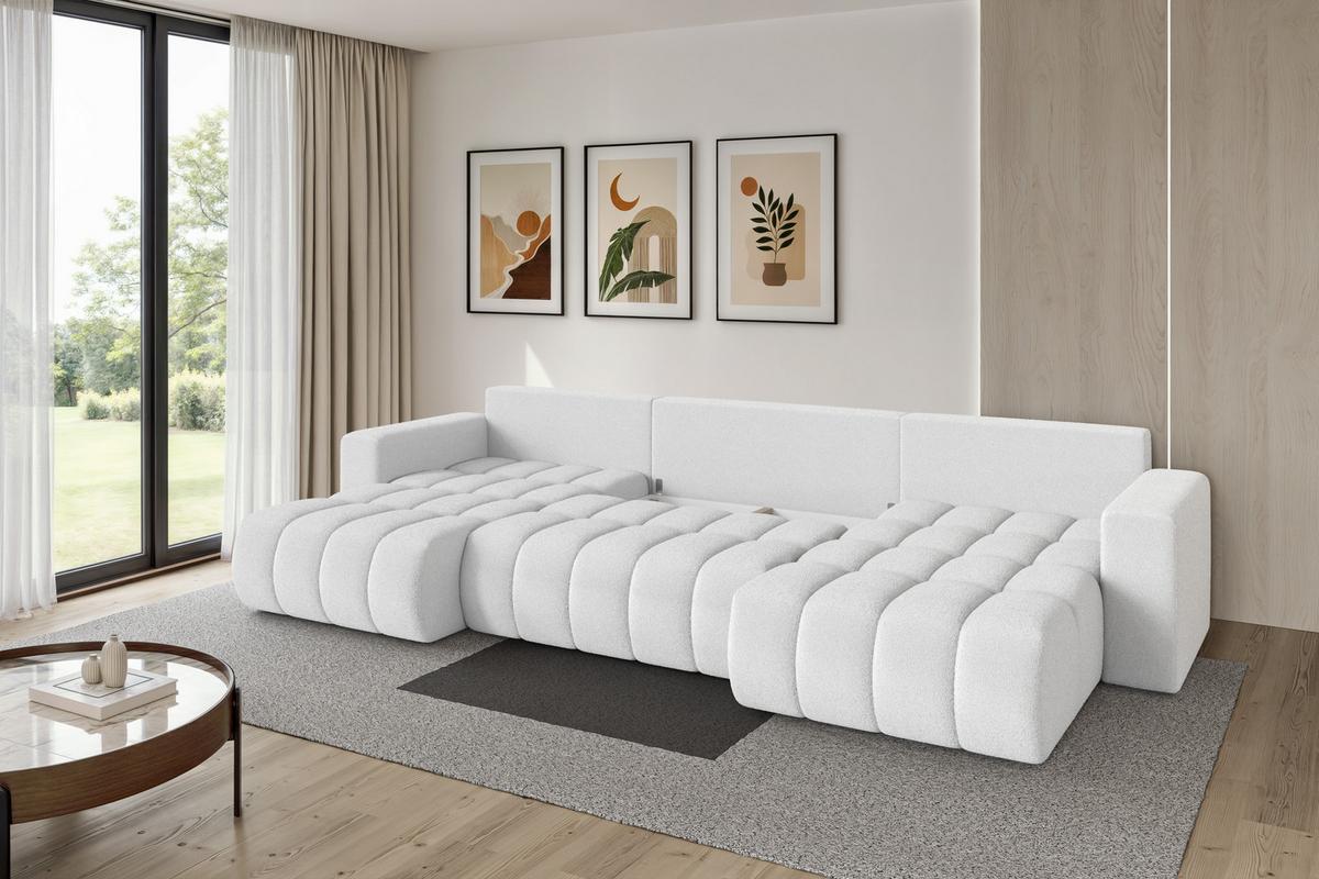 WOHNLANDSCHAFT mit Schlaffunktion und Bettkasten MILA-U-v1 378x194x86 Weiß Bouclé - Schwarz/Weiß, Holzwerkstoff/Kunststoff (378/86/194cm) - ALTDECOR