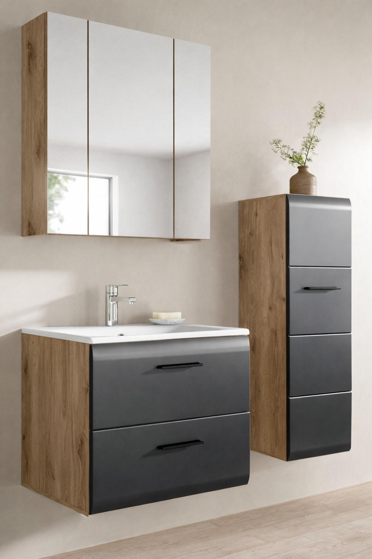 BADMÖBEL-SET schwarz matt, Eiche Nox, Badezimmer komplett mit Waschbecken 105 cm - Eichefarben/Schwarz, Glas/Holzwerkstoff (105/185/46cm) - Inn.Furn