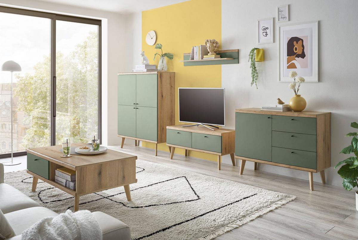 SIDEBOARD Salbei grün, Eiche Evoke, skandinavisch 107 x 83 cm, Kommode mit Vollauszug - Salbeigrün/Eichefarben, Holz/Holzwerkstoff (107/83/40cm) - Furn.Design