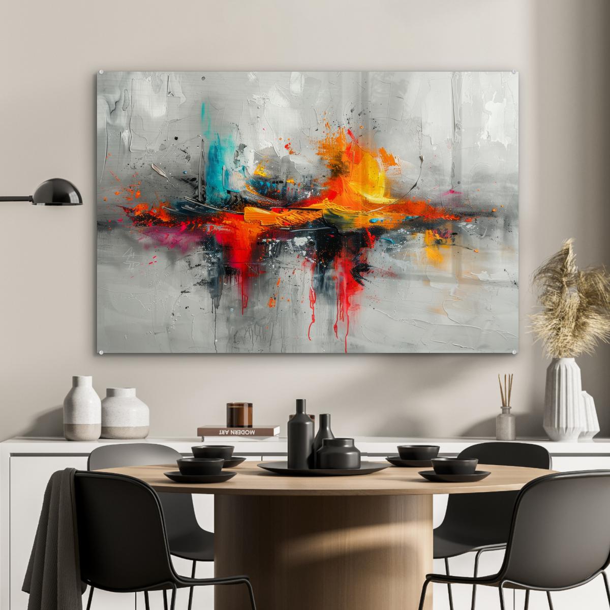ACRYLGLASBILD Moderne Kunst - Orange - Grau - Abstrakt Wandbild Schlafzimmer 120x80 cm - Hellgrau, Glas (120/80cm) - MuchoWow