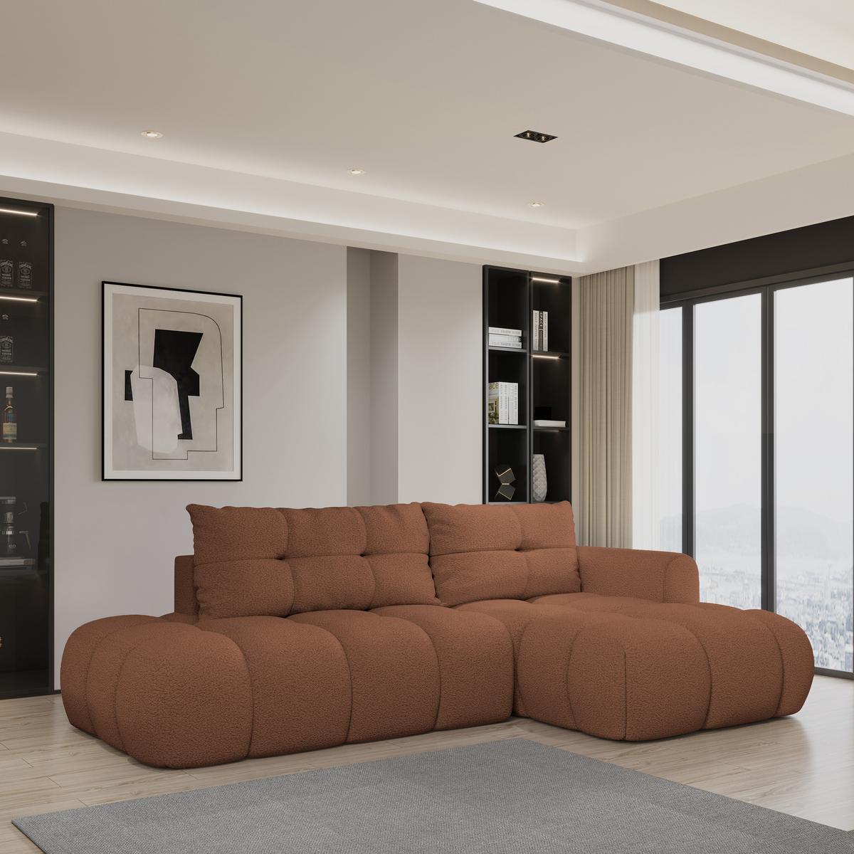 ECKSOFA FLUMA R-S Kupferfarben Boucle-Stoff mit Schlaffunktion - Kupferfarben, Holz (279/158cm) - MASSENO