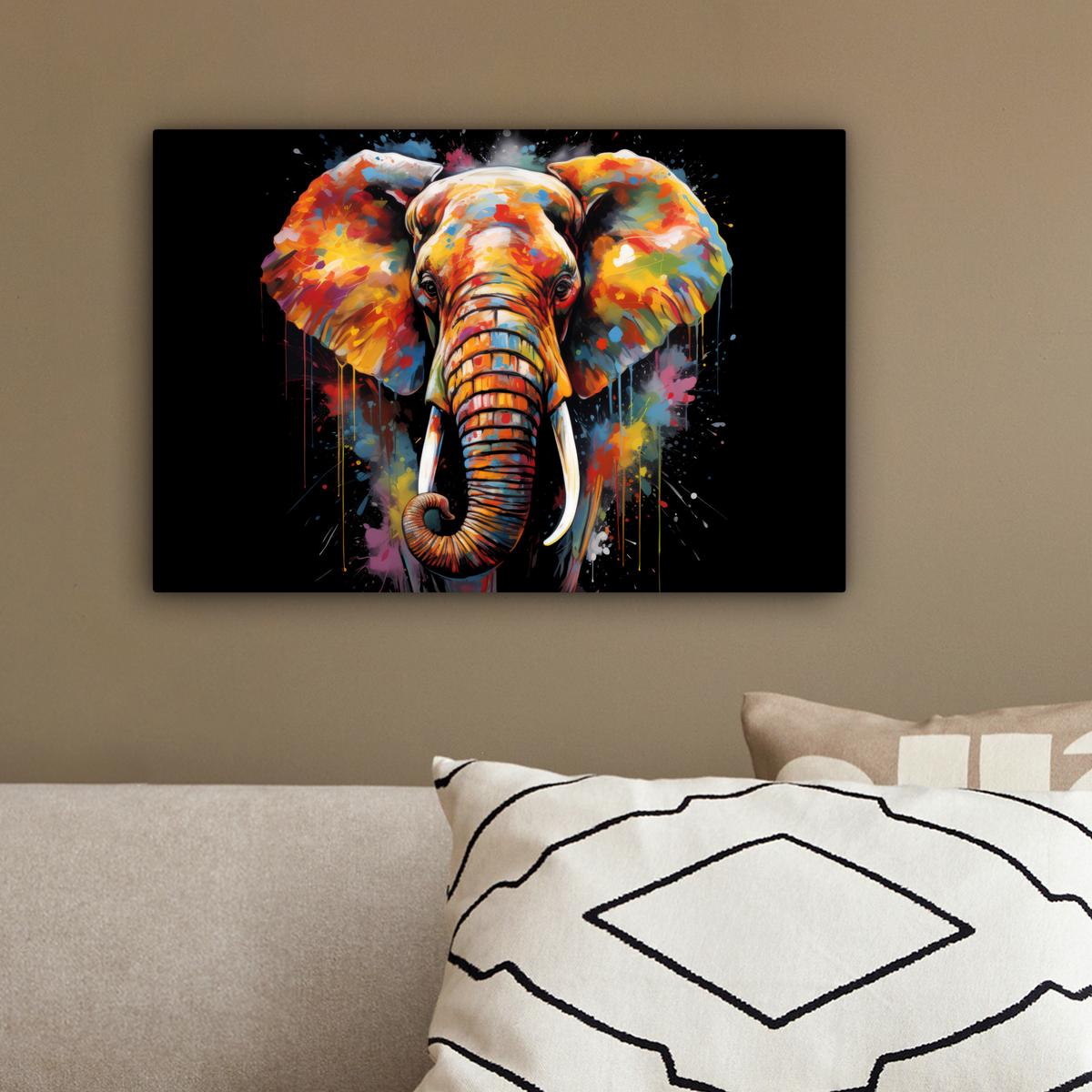 LEINWANDBILD Elefant - Graffiti - Schwarz - Tiere - Farben Deko Schlafzimmer 30x20 cm - Schwarz, Textil (30/20cm) - MuchoWow
