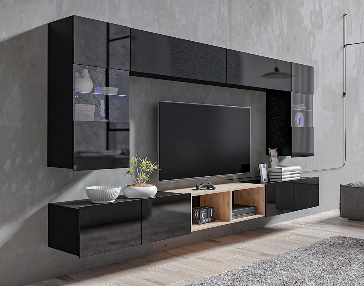 WOHNWAND Kossana 24 Modern Schwarz/Goldene Eiche 300/154/43 cm Wohnzimmermöbel - Schwarz, Holzwerkstoff/Kunststoff (300/157/43cm) - AX Living