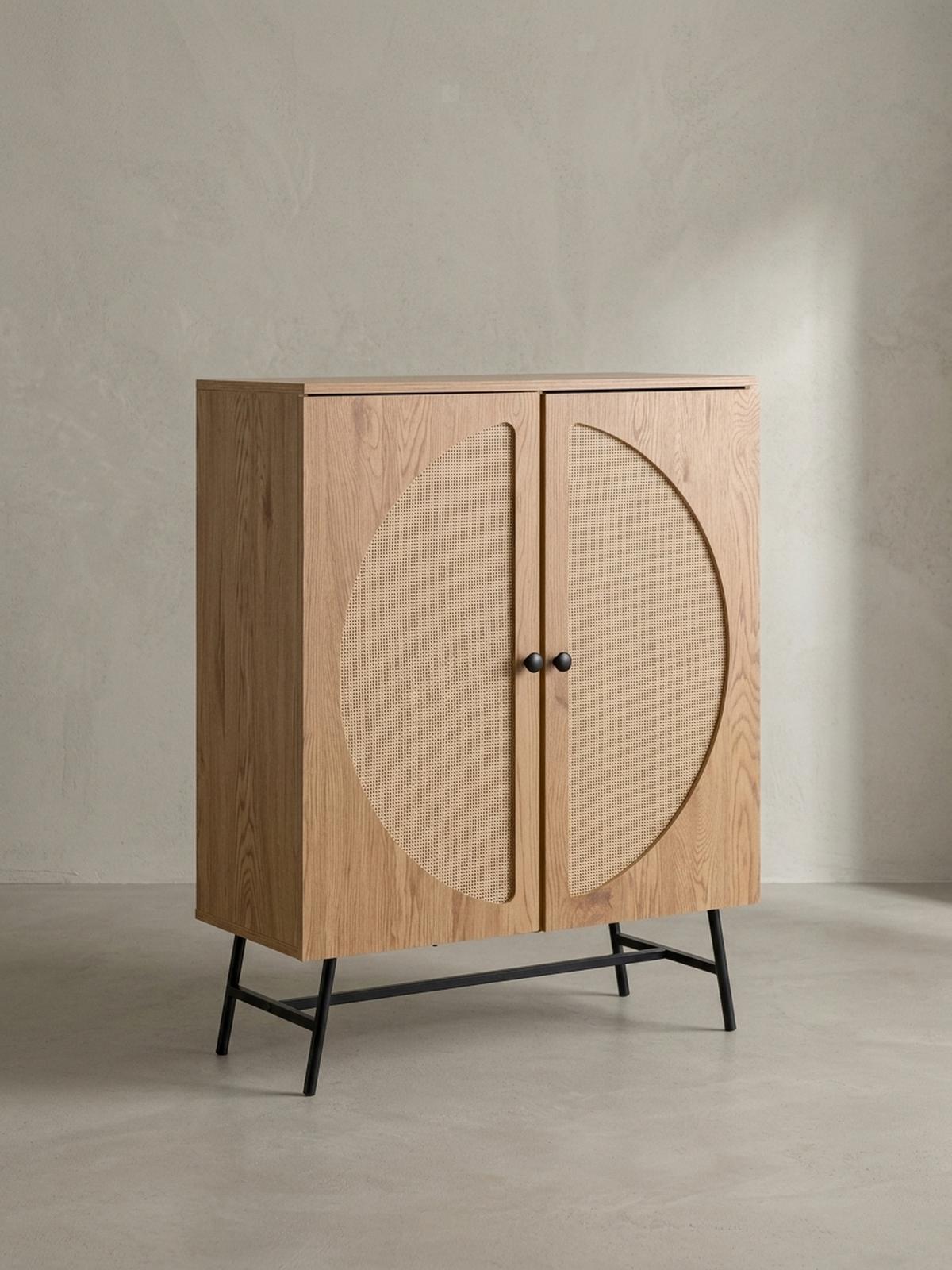 SIDEBOARD – Eiche-Dekor/Rattan, 80x103x39 cm, 2 Türen, hoch - Schwarz/Braun, Holzwerkstoff/Metall (80/103/39cm) - KADIMA DESIGN