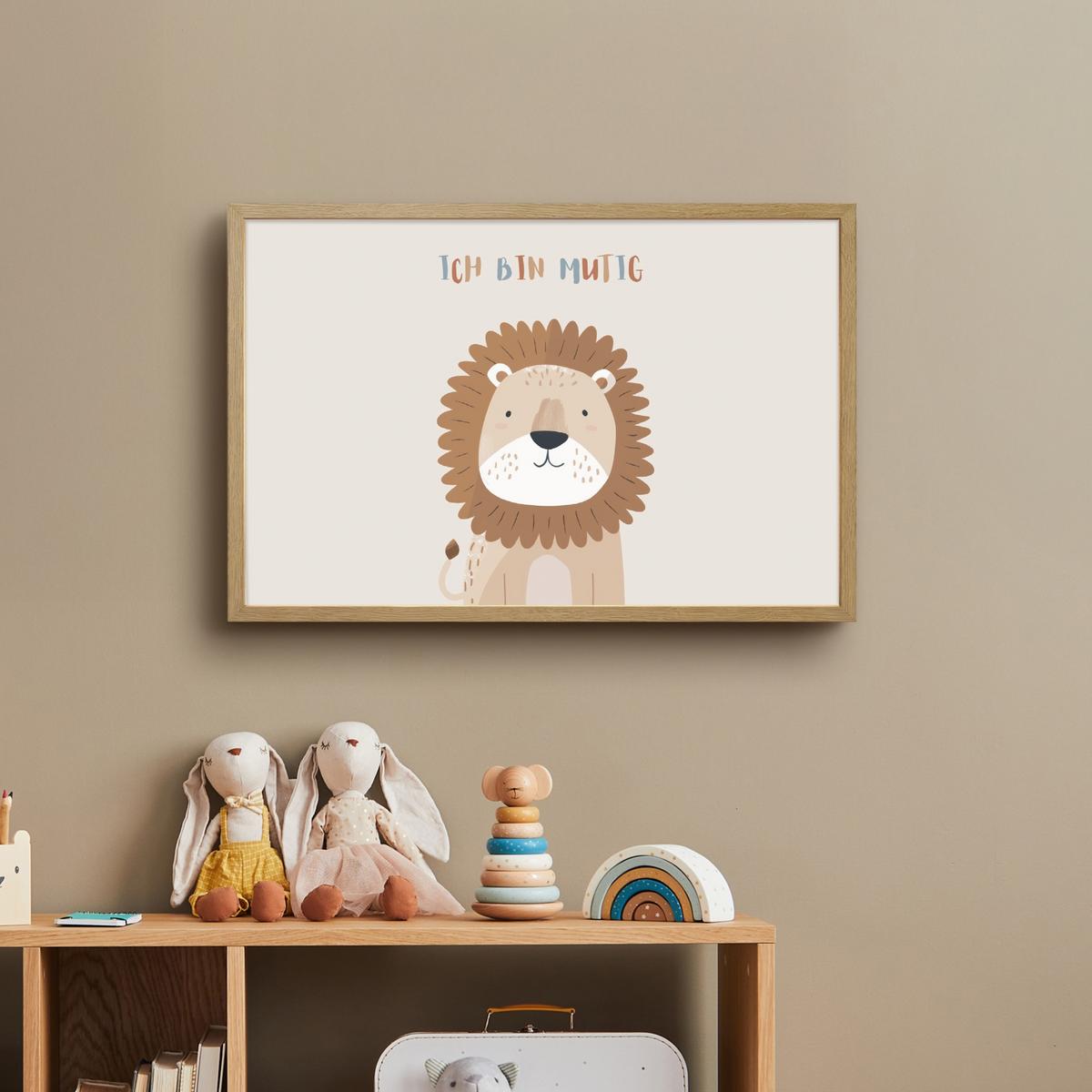 WANDLEUCHTE MIT AKKU Löwe - Beige - Tier - Mutig - Zitat 60x40 cm - Beige, Holzwerkstoff (60/40/8cm) - OnlyWow