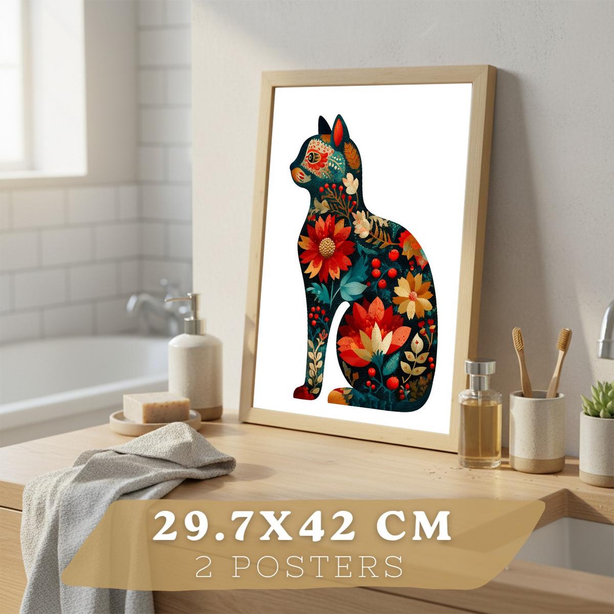 POSTER 2er-Set dekorative Badezimmer-Kunstdrucke, im Stil der Volkskunst, Toilette mit Vögeln und elegantem Blumen-Katzen Leichter Holzrahmen A3 - Beige, Papier (42/29.7/3cm) - Nacnic