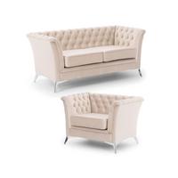 SITZGARNITUR 2+1 Chesterfield Whitby Beige Samt mit silbernen Füßen - Beige/Silberfarben, Holz/Textil (175/78/82cm) - S-Style Möbel
