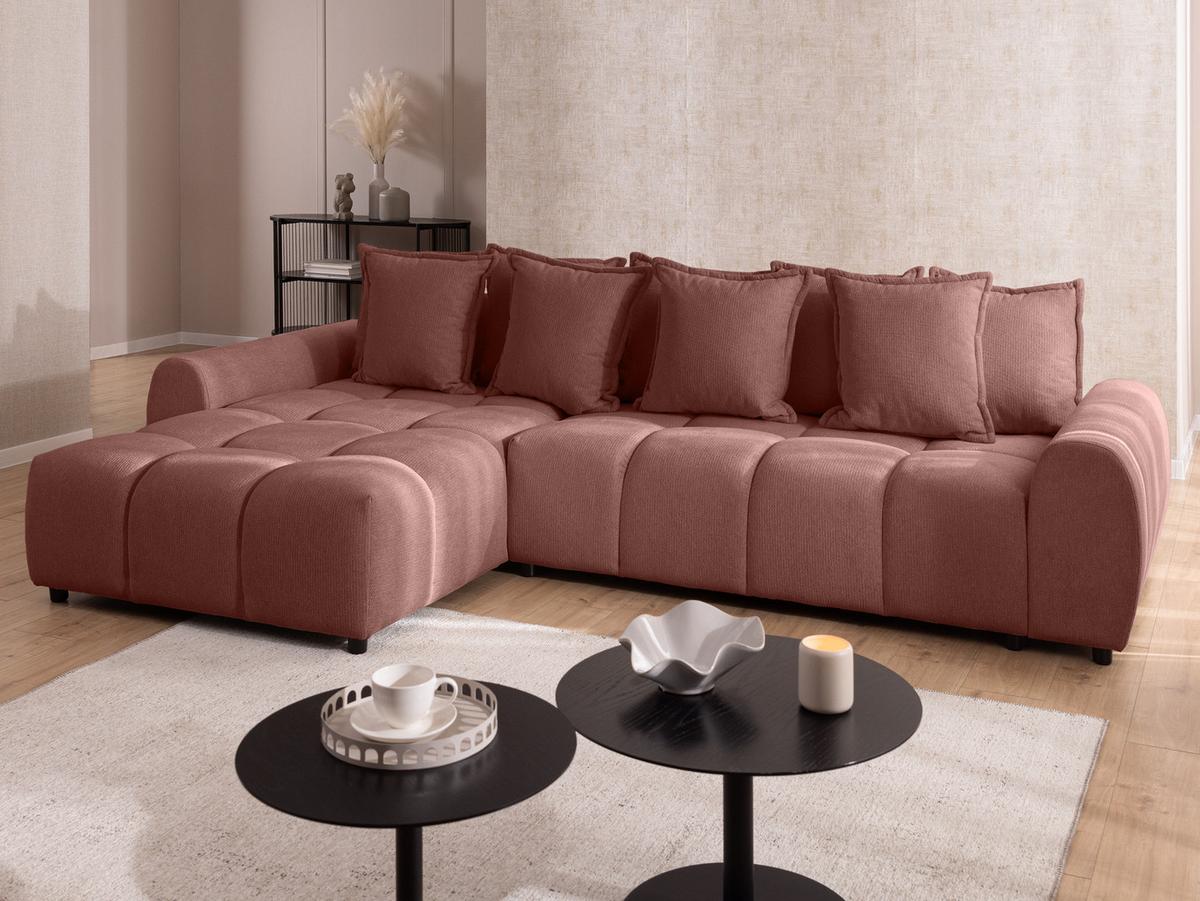 ECKSOFA Bubble mit losen Rückenkissen und Sitzfläche in Bubble-Optik aus weichem Terrakotta Strukturstoff mit schöner Sitzkomfort - Ottomane links - Terracotta/Schwarz, Holz/Kunststoff (180/306cm) - S-Style Möbel