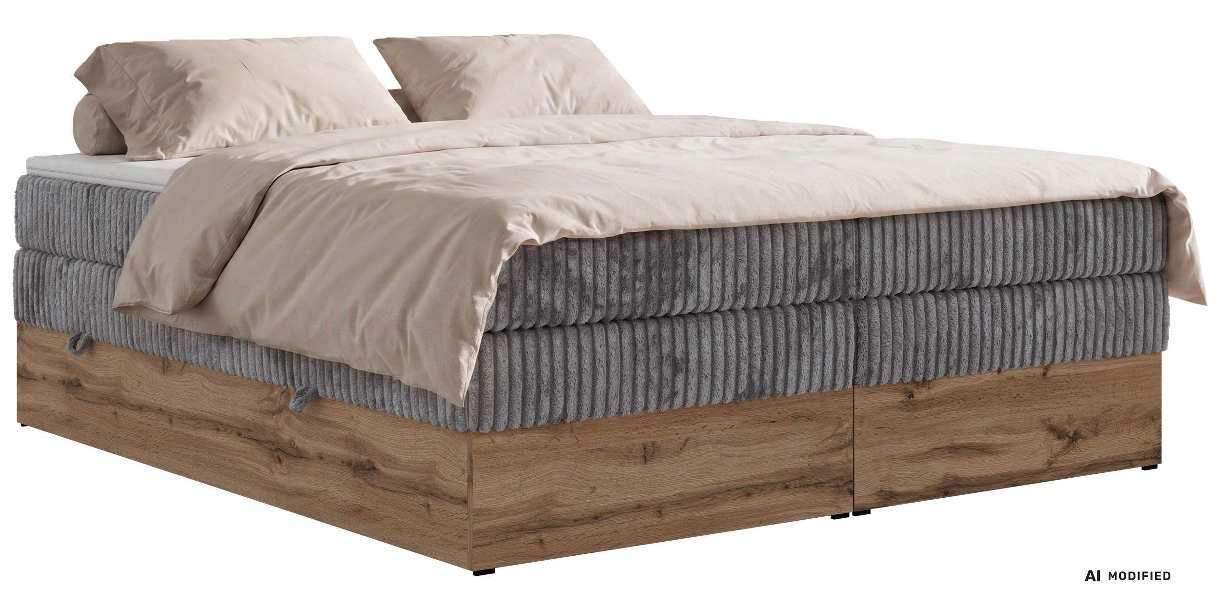 BOXSPRINGBETT WOOD ZERO KING 180/200 - Grau Cord - Topper Visco - H3 - Schwarz/Grau, Kunststoff/Textil (180/200cm) - MKS