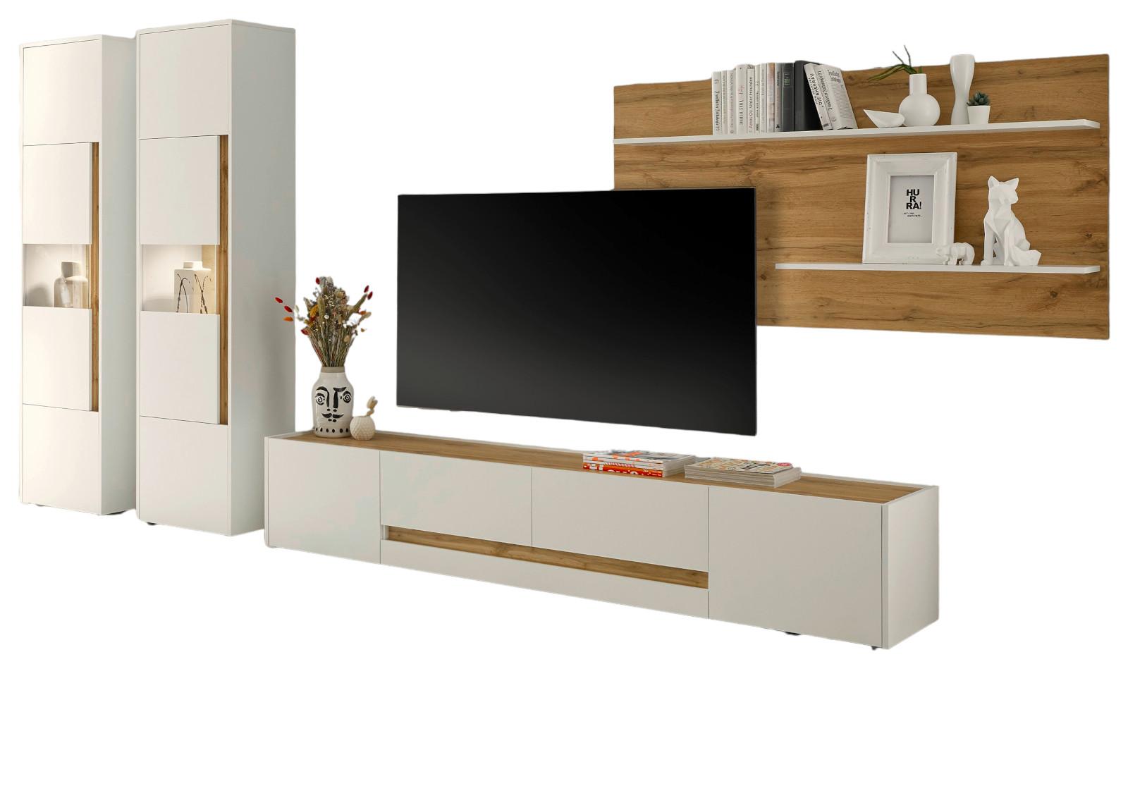 WOHNWAND weiß, Eiche Wotan 4-teilig 400 cm, Schrankwand mit viel Stauraum - Schwarz/Weiß, Glas/Holz (400/197/45cm) - Furn.Design