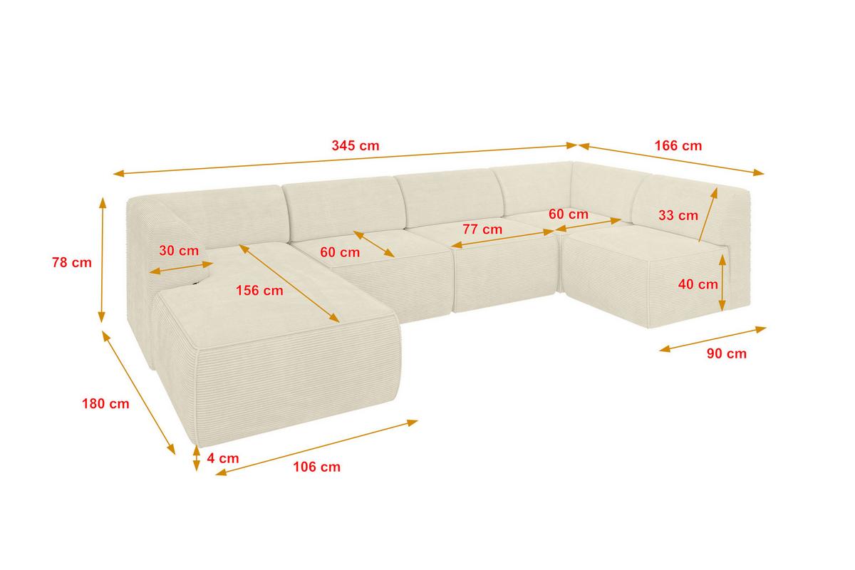 WOHNLANDSCHAFT Ottomane Links MOVO-L 345x180x78 cm Beige Cord - Beige, Holzwerkstoff/Kunststoff (345/78/180cm) - ALTDECOR