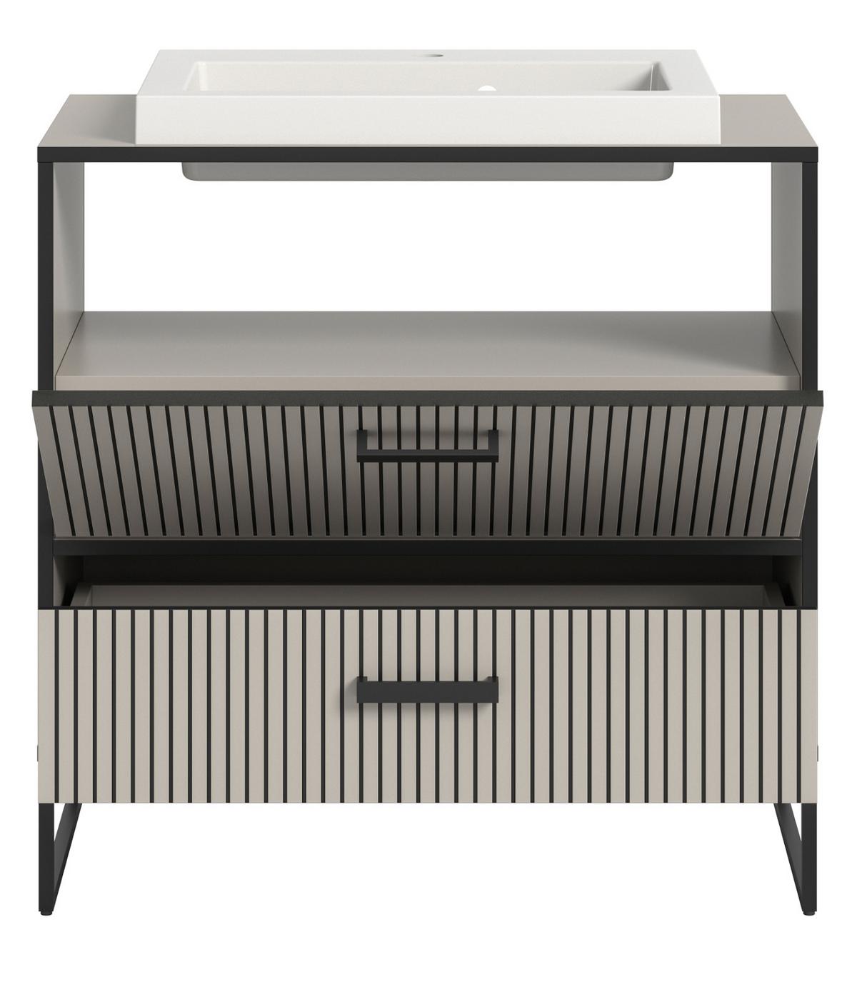 WASCHTISCHKOMBI Waschbeckenunterschrank mit Waschbecken, Sand Schwarz, Soft-Close - Sandfarben/Schwarz, Keramik/Holzwerkstoff (80/84/48cm) - Inn.Furn
