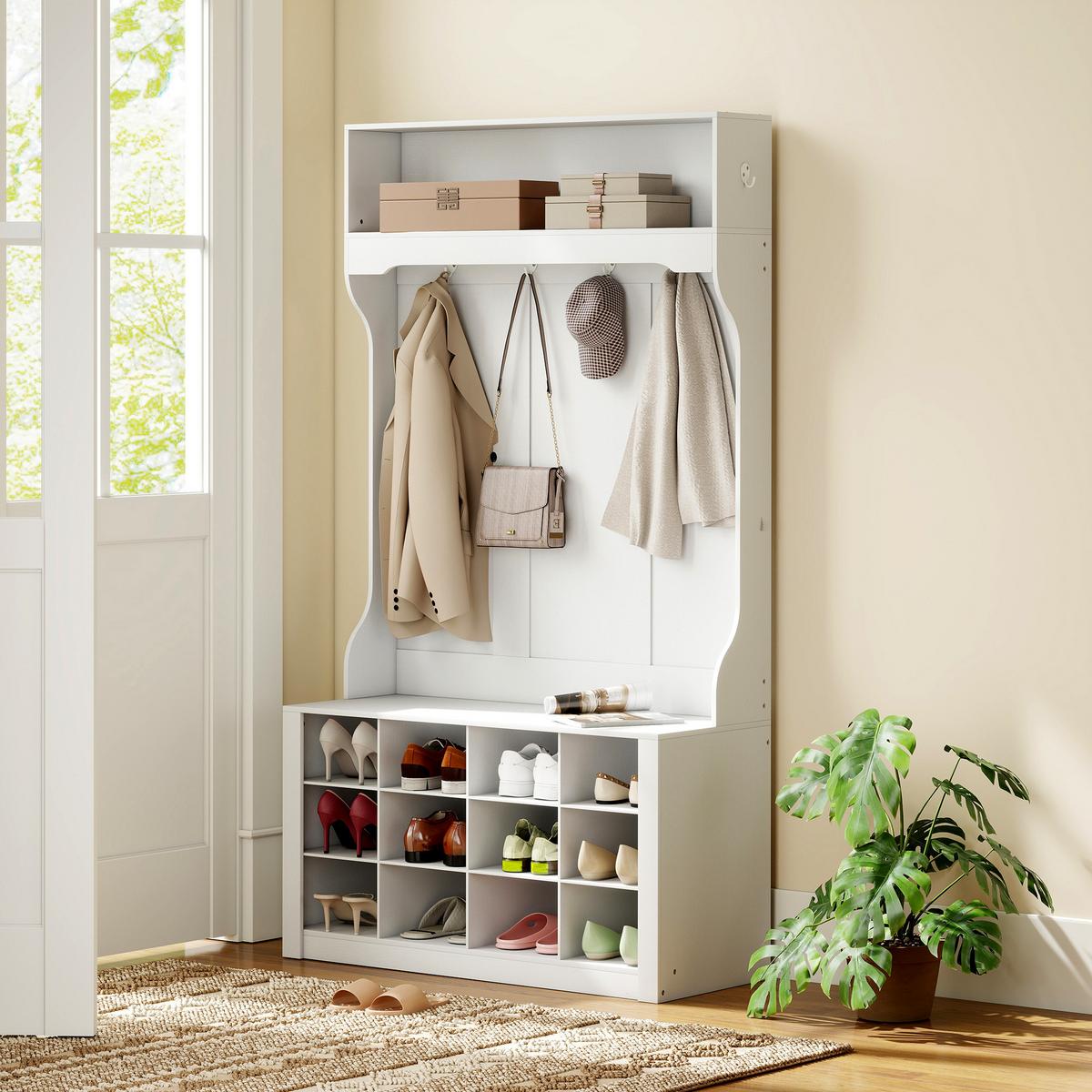 GARDEROBENSTÄNDER mit Sitzbank Kleiderständer mit Schuhregal 6 Haken - Weiß, Holzwerkstoff (100/172.2/35cm) - HOMCOM