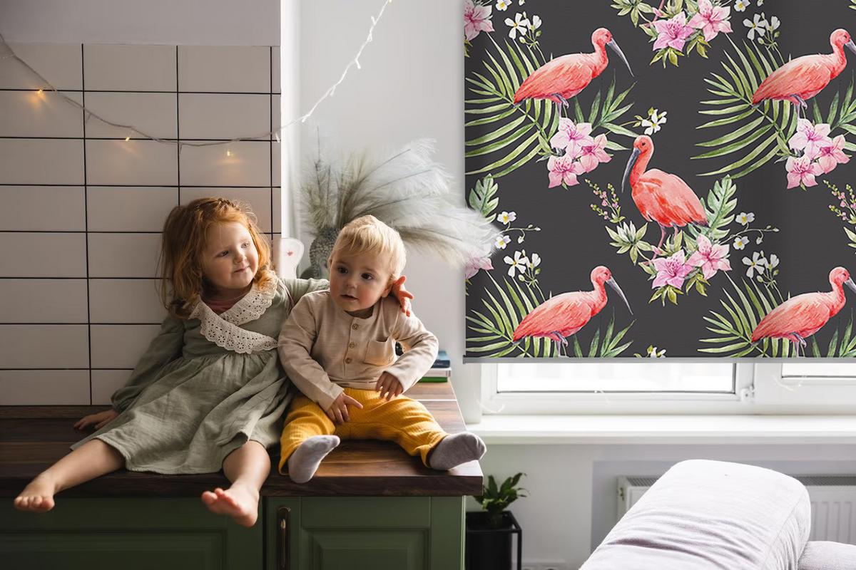 INNENROLLO - Fensterrollo - Rollo - 100x180 cm - Flamingos auf Pflanzen - Pink, Kunststoff (100/180/0.5cm) - TULUP