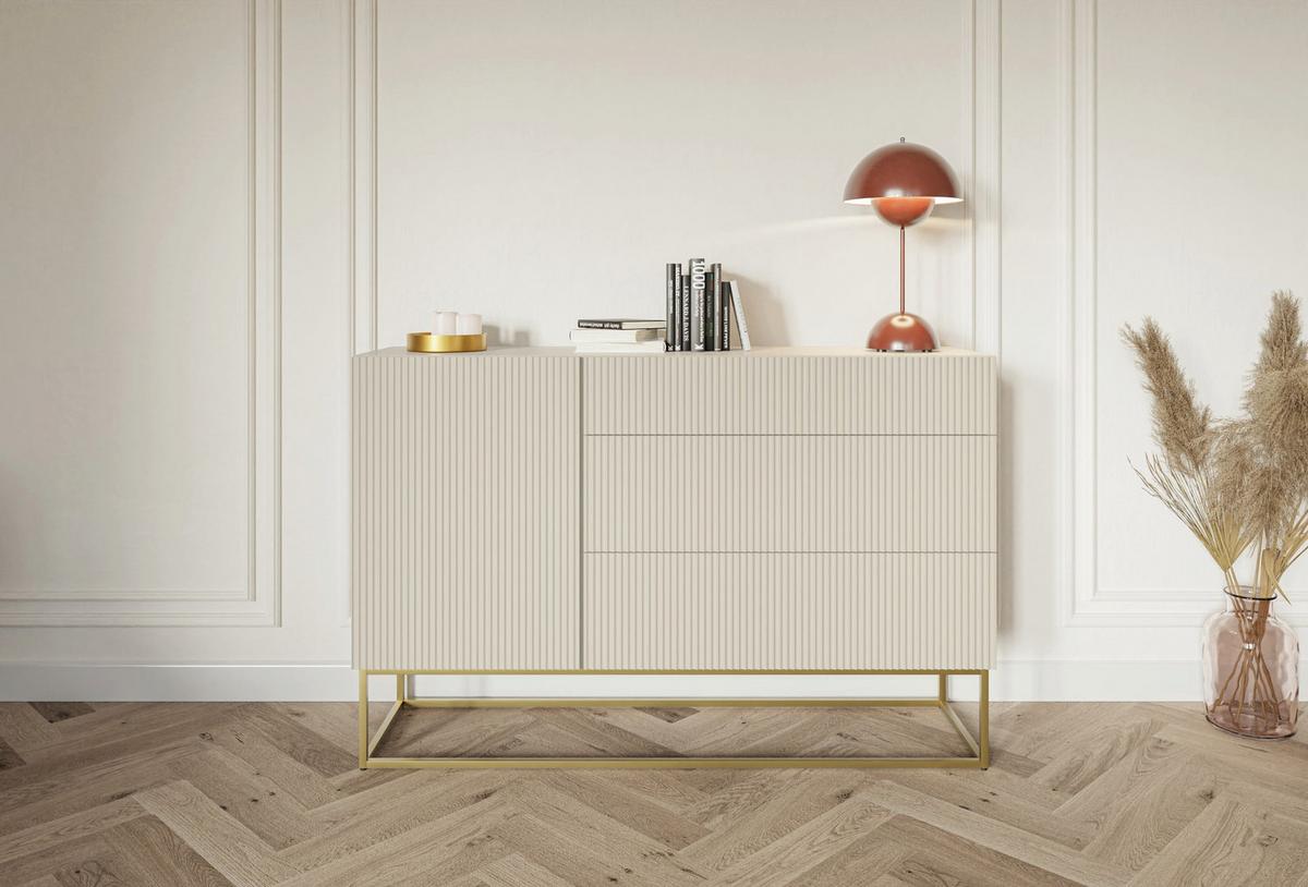 SIDEBOARD Veldio Greige mit 3 Schubladen 140 cm - Taupe/Goldfarben, Holzwerkstoff/Metall (140/90/38cm) - Selsey