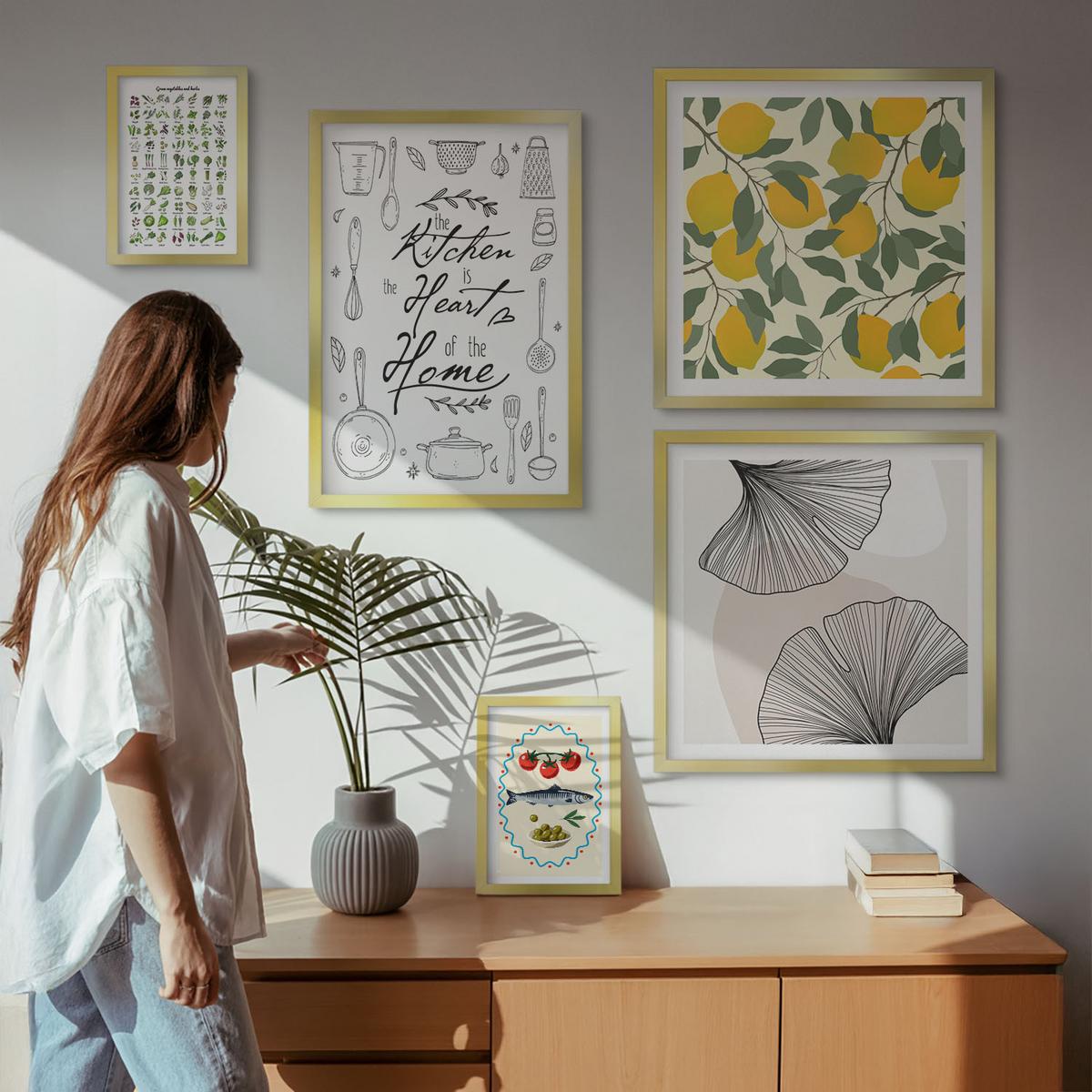 BILDER SET 5er Set - 50x50 cm & 20x30 cm & 40x60 cm Goldrahmen - Küchenkräuter-Zitronen-Malerei - Goldfarben, Kunststoff (40/60cm) - TULUP