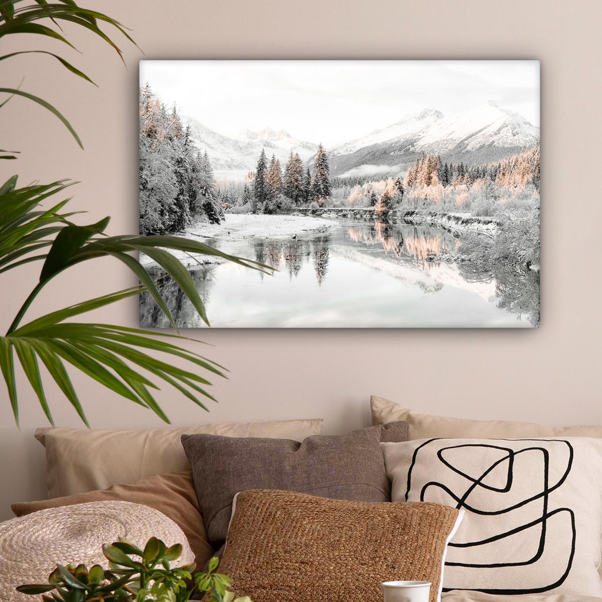 LEINWANDBILD Natur - Winter - Bäume - Berge - Schnee Gemälde 60x40 cm - Weiß Hochglanz, Textil (60/40cm) - MuchoWow